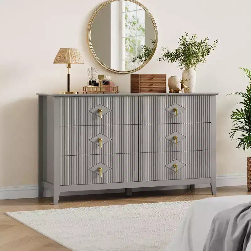 Commode à 6 tiroirs de 137 cm de large, commode moderne avec poignées métalliques pour chambre à coucher, grise