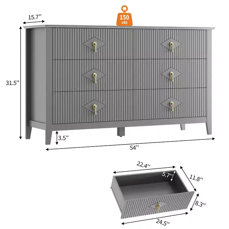 Commode à 6 tiroirs de 137 cm de large, commode moderne avec poignées métalliques pour chambre à coucher, grise