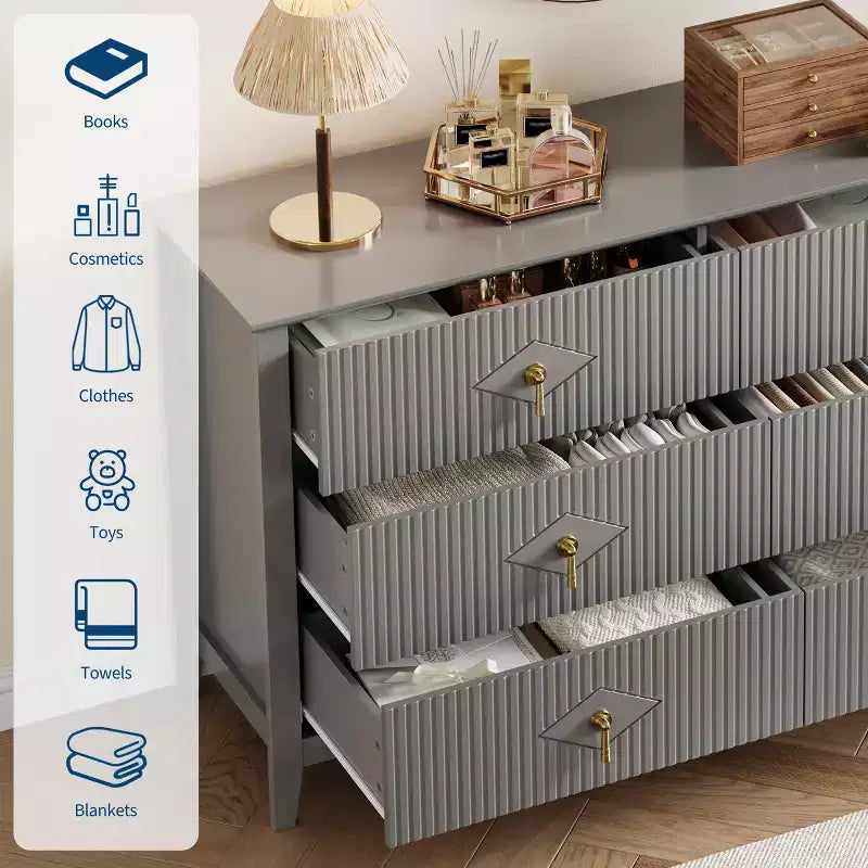Commode à 6 tiroirs de 137 cm de large, commode moderne avec poignées métalliques pour chambre à coucher, grise