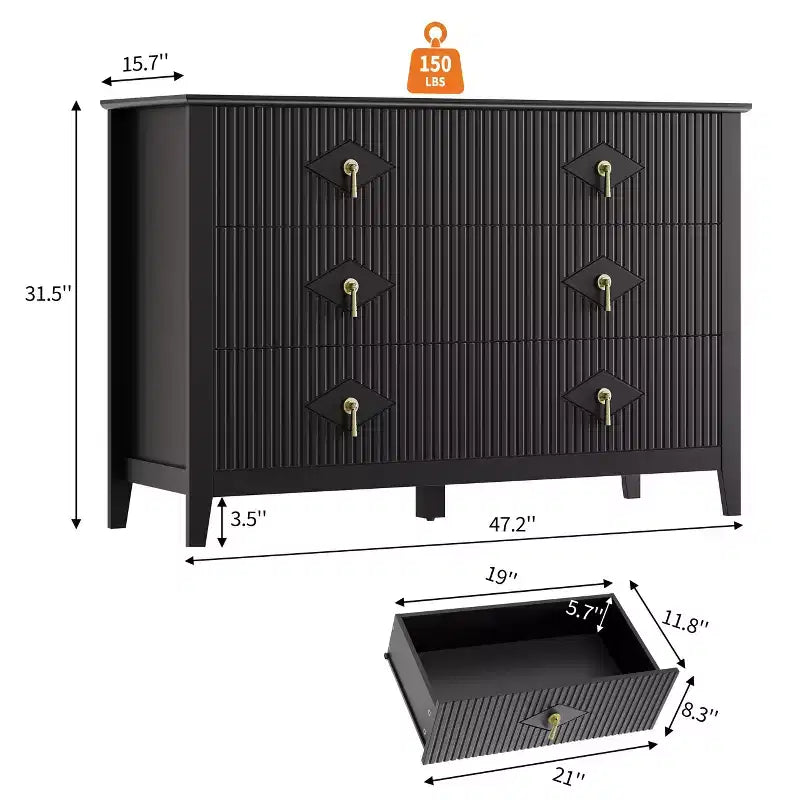 Commode 48 po de large à 6 tiroirs, meuble de rangement moderne avec poignées métalliques pour chambre à coucher, noir