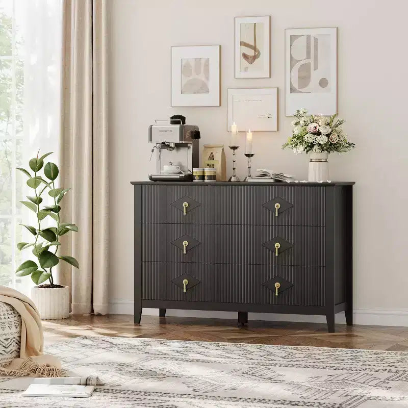 Commode 48 po de large à 6 tiroirs, meuble de rangement moderne avec poignées métalliques pour chambre à coucher, noir