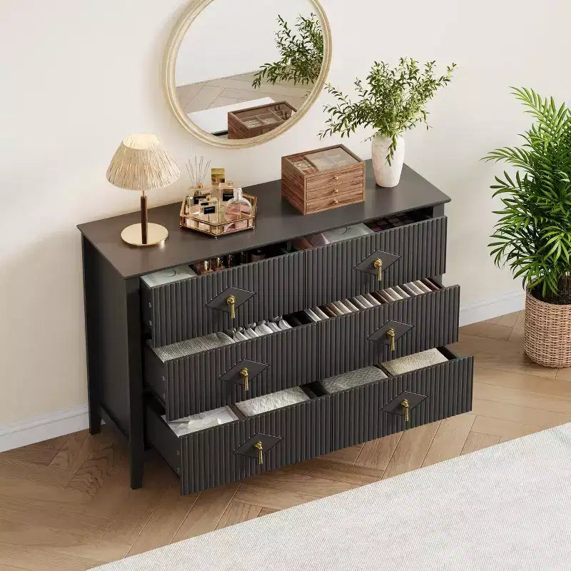 Commode 48 po de large à 6 tiroirs, meuble de rangement moderne avec poignées métalliques pour chambre à coucher, noir