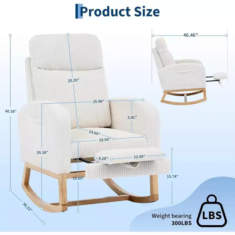 Fauteuil à bascule moderne pour chambre d'enfant, planeur rembourré en velours côtelé avec repose-pieds réglable et poche latérale pour salon, chambre à coucher, chambre d'allaitement, beige