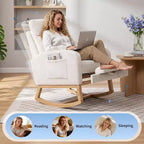 Fauteuil à bascule moderne pour chambre d'enfant, planeur rembourré en velours côtelé avec repose-pieds réglable et poche latérale pour salon, chambre à coucher, chambre d'allaitement, beige
