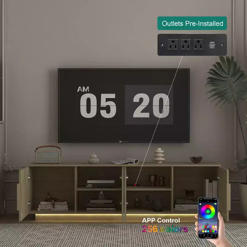 Meuble TV moderne JVNOXK de 172 cm avec éclairage LED 16 couleurs, compatible avec les téléviseurs de 55, 60 et 65 pouces, avec espace de rangement, finition bois