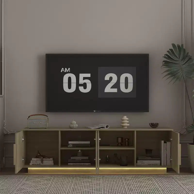 Meuble TV moderne JVNOXK de 172 cm avec éclairage LED 16 couleurs, compatible avec les téléviseurs de 55, 60 et 65 pouces, avec espace de rangement, finition bois
