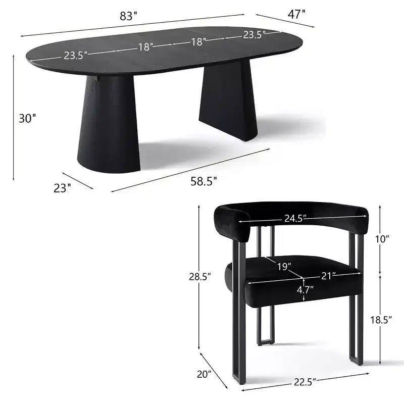 Ensemble table à manger extensible 47-83 pour 4 personnes, table noire et 4 chaises de salle à manger rembourrées en velours avec pieds en métal, style moderne - Panipeachy