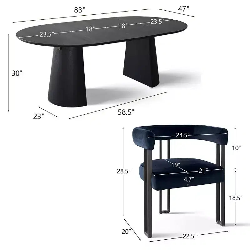 Ensemble table à manger extensible 47-83 pour 4 personnes, table noire et 4 chaises de salle à manger rembourrées en velours avec pieds en métal, style moderne - Panipeachy
