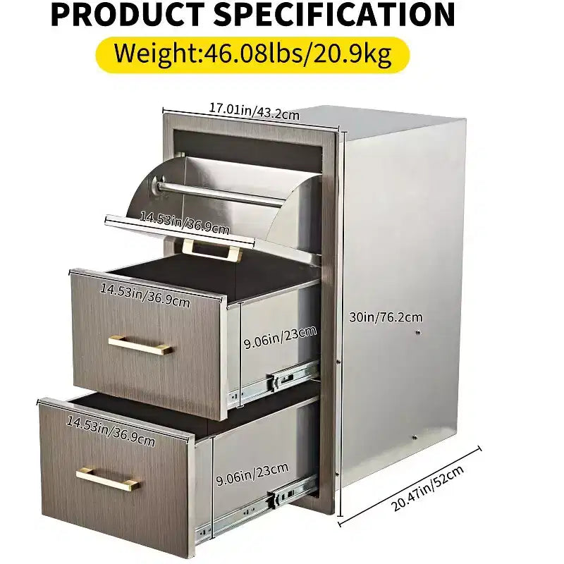Tiroirs de cuisine extérieure 17 L x 30 H x 21 P, trois tiroirs de barbecue encastrables avec poignée en acier inoxydable, porte-serviettes en papier