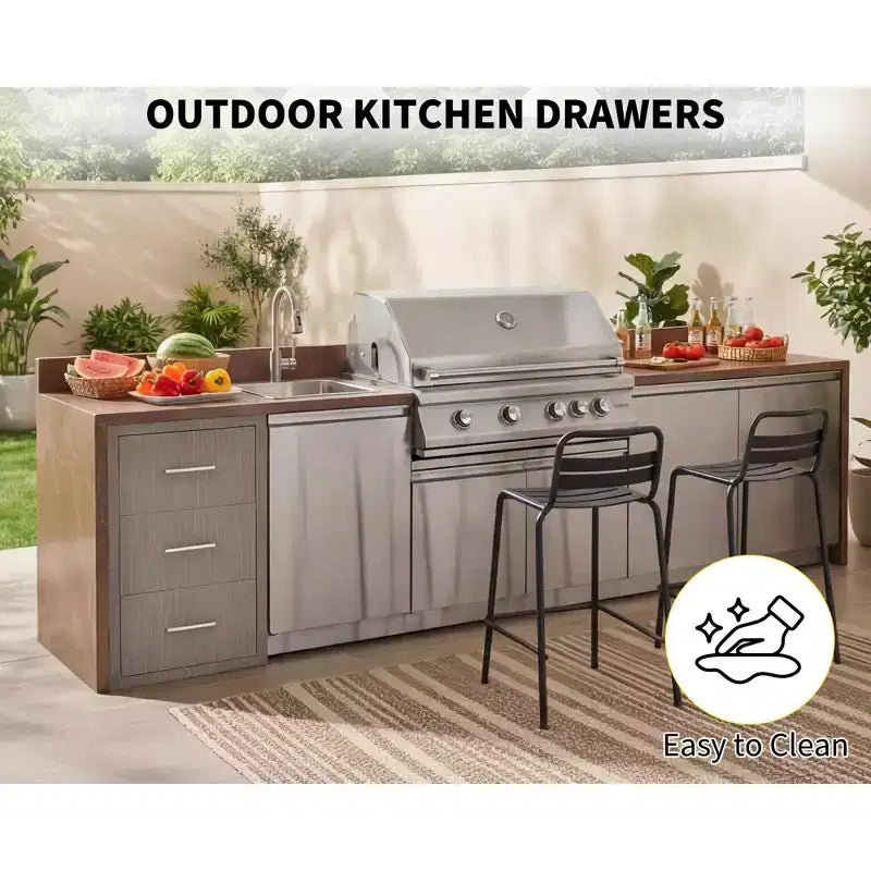 Tiroirs de cuisine extérieure 17 L x 30 H x 21 P, trois tiroirs de barbecue encastrables avec poignée en acier inoxydable, porte-serviettes en papier
