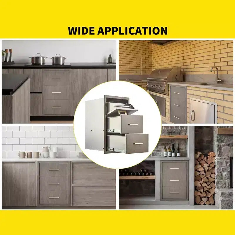 Tiroirs de cuisine extérieure 17 L x 30 H x 21 P, trois tiroirs de barbecue encastrables avec poignée en acier inoxydable, porte-serviettes en papier