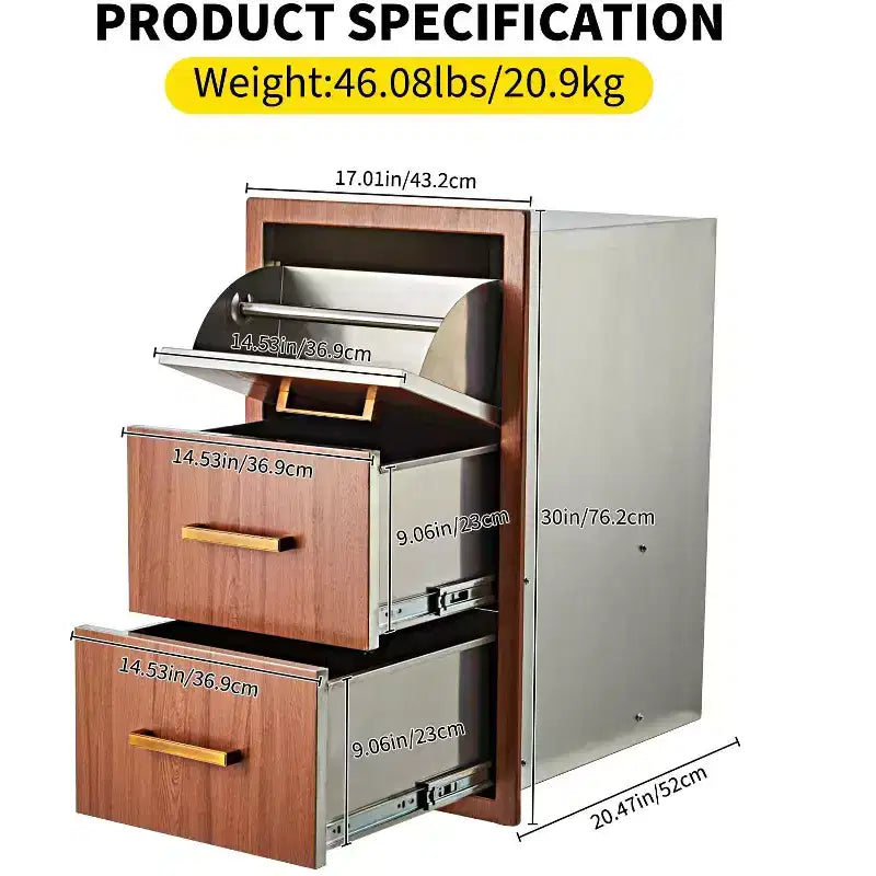 Tiroirs de cuisine extérieure 17 L x 30 H x 21 P, trois tiroirs de barbecue encastrables avec poignée en acier inoxydable, porte-serviettes en papier
