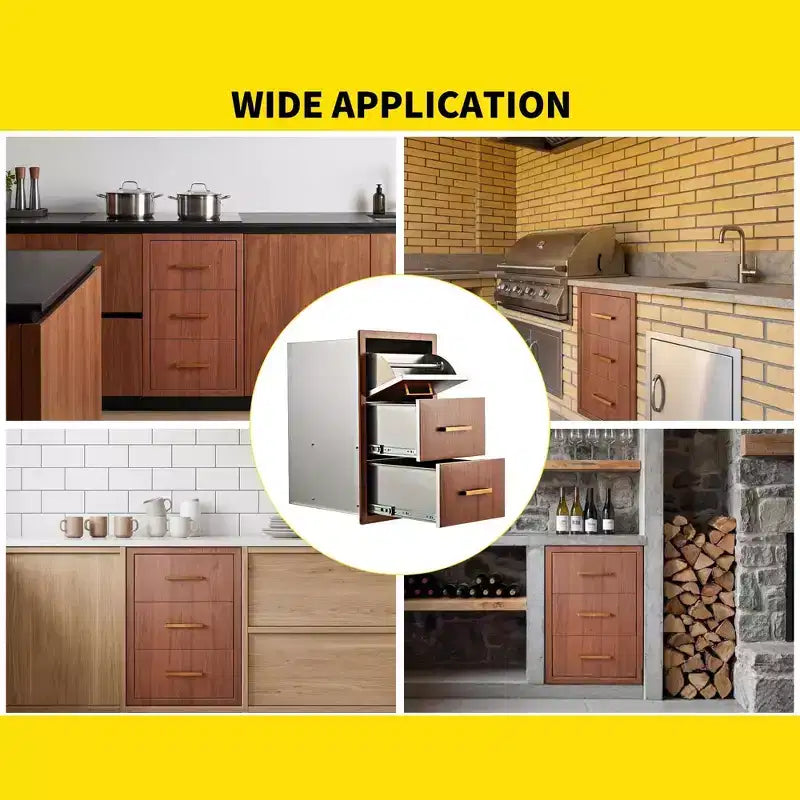 Tiroirs de cuisine extérieure 17 L x 30 H x 21 P, trois tiroirs de barbecue encastrables avec poignée en acier inoxydable, porte-serviettes en papier