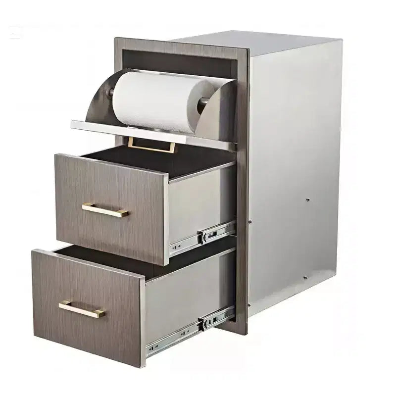 Tiroirs de cuisine extérieure 17 L x 30 H x 21 P, trois tiroirs de barbecue encastrables avec poignée en acier inoxydable, porte-serviettes en papier