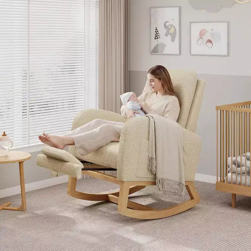 Fauteuil à bascule en polaire Teddy pour chambre d'enfant - Fauteuil à bascule moderne avec dossier haut et pieds en bois robustes, confortable pour le salon, la chambre à coucher ou la chambre d'enfant.