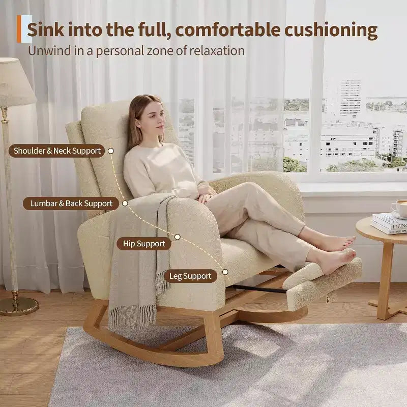 Fauteuil à bascule en polaire Teddy pour chambre d'enfant - Fauteuil à bascule moderne avec dossier haut et pieds en bois robustes, confortable pour le salon, la chambre à coucher ou la chambre d'enfant.