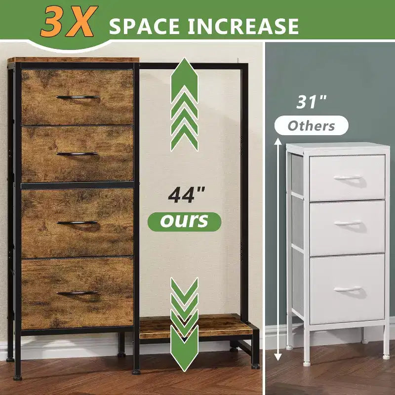 Commode avec tringle à vêtements, petite armoire à 4 tiroirs pour chambre à coucher, commode réversible en tissu pour enfants avec tringle à vêtements, tour de rangement haute, 112 cm de hauteur.