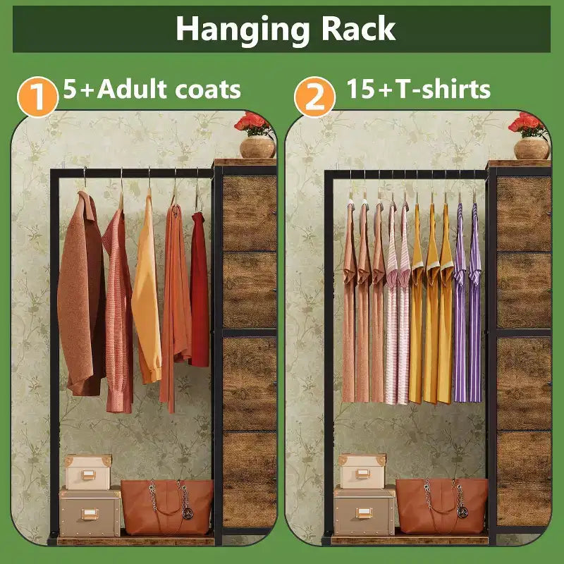 Commode avec tringle à vêtements, petite armoire à 4 tiroirs pour chambre à coucher, commode réversible en tissu pour enfants avec tringle à vêtements, tour de rangement haute, 112 cm de hauteur.