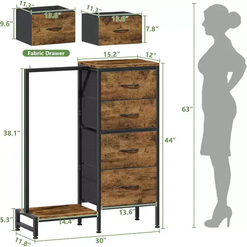 Commode avec tringle à vêtements, petite armoire à 4 tiroirs pour chambre à coucher, commode réversible en tissu pour enfants avec tringle à vêtements, tour de rangement haute, 112 cm de hauteur.