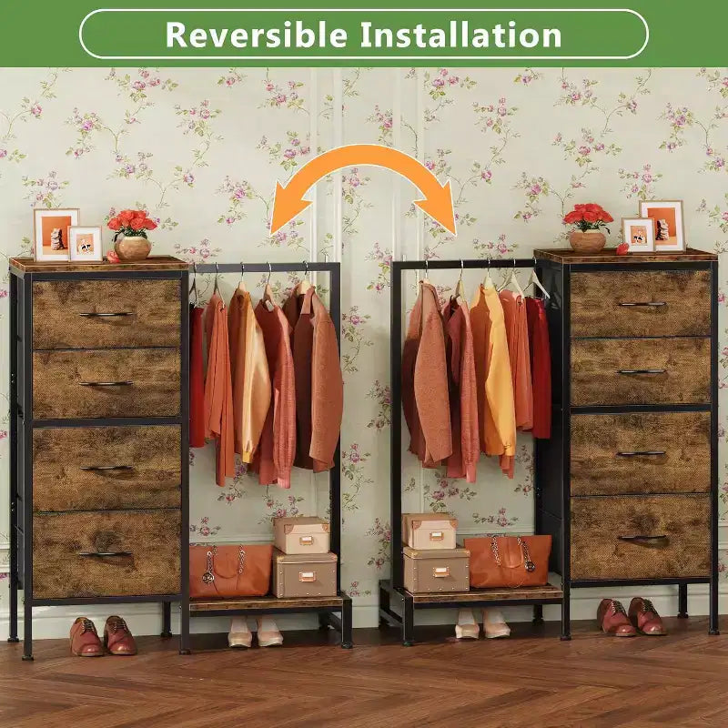 Commode avec tringle à vêtements, petite armoire à 4 tiroirs pour chambre à coucher, commode réversible en tissu pour enfants avec tringle à vêtements, tour de rangement haute, 112 cm de hauteur.
