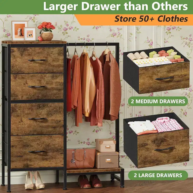 Commode avec tringle à vêtements, petite armoire à 4 tiroirs pour chambre à coucher, commode réversible en tissu pour enfants avec tringle à vêtements, tour de rangement haute, 112 cm de hauteur.