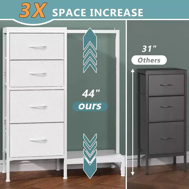 Commode avec tringle à vêtements, petite armoire à 4 tiroirs pour chambre à coucher, commode réversible en tissu pour enfants avec tringle à vêtements, tour de rangement haute, 112 cm de hauteur.