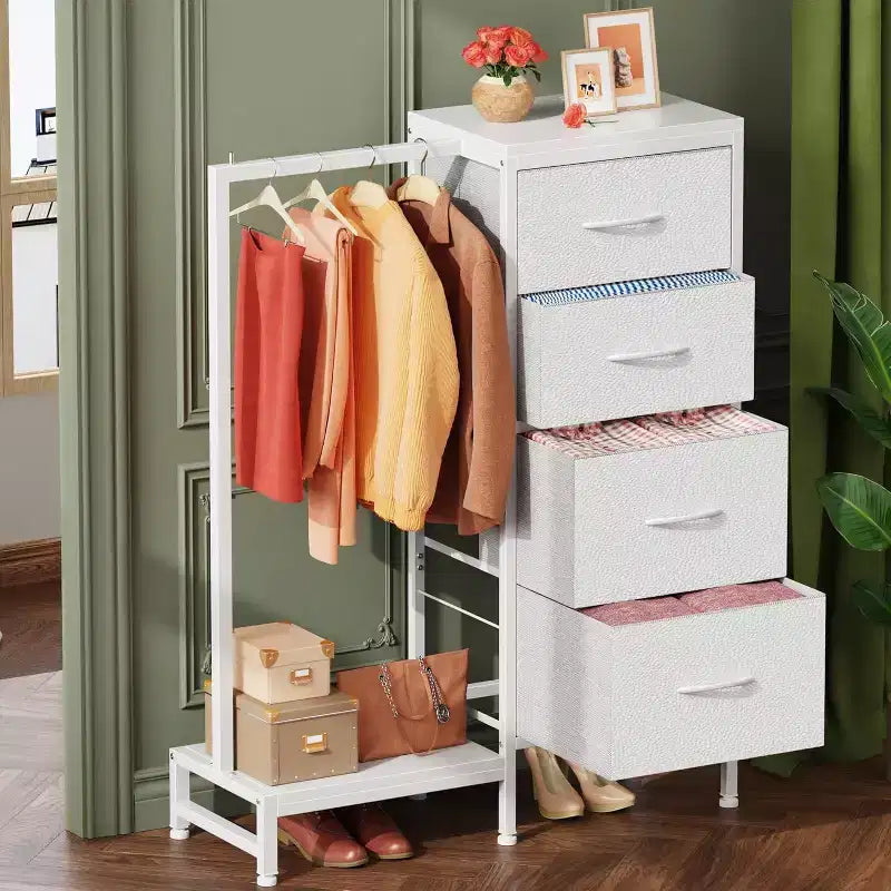 Commode avec tringle à vêtements, petite armoire à 4 tiroirs pour chambre à coucher, commode réversible en tissu pour enfants avec tringle à vêtements, tour de rangement haute, 112 cm de hauteur.