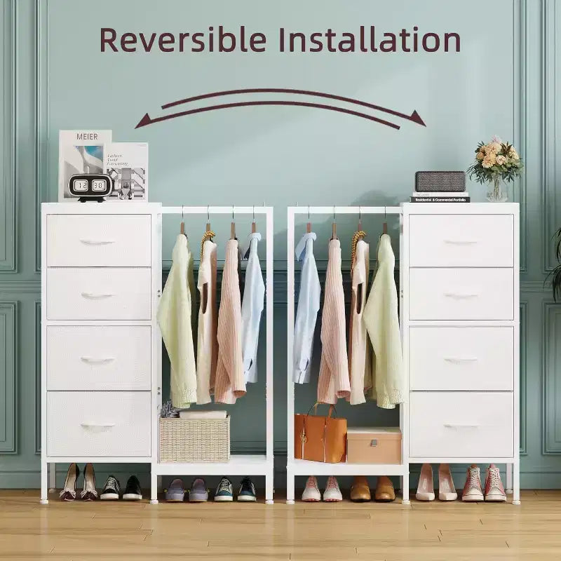 Commode avec tringle à vêtements, petite armoire à 4 tiroirs pour chambre à coucher, commode réversible en tissu pour enfants avec tringle à vêtements, tour de rangement haute, 112 cm de hauteur.