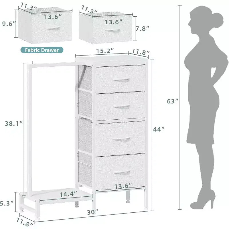 Commode avec tringle à vêtements, petite armoire à 4 tiroirs pour chambre à coucher, commode réversible en tissu pour enfants avec tringle à vêtements, tour de rangement haute, 112 cm de hauteur.