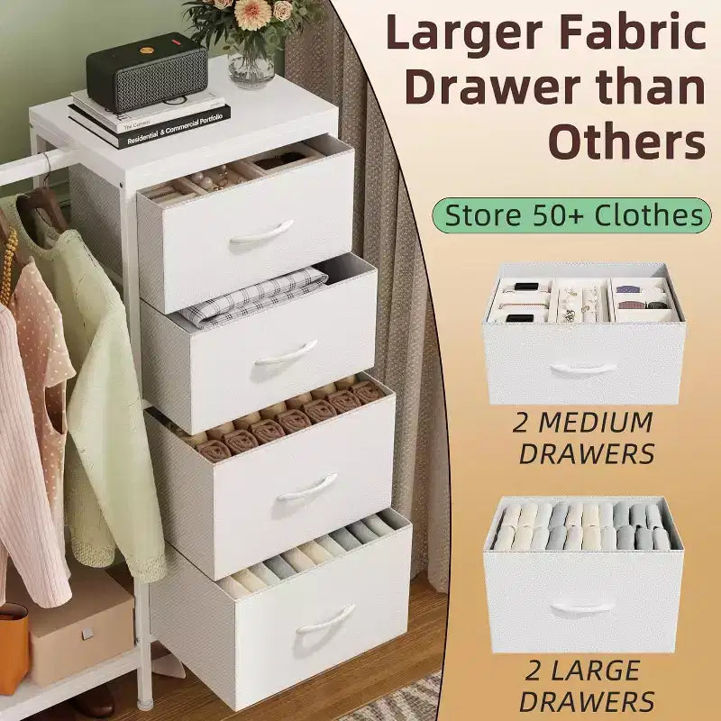 Commode avec tringle à vêtements, petite armoire à 4 tiroirs pour chambre à coucher, commode réversible en tissu pour enfants avec tringle à vêtements, tour de rangement haute, 112 cm de hauteur.