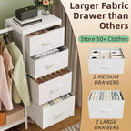 Commode avec tringle à vêtements, petite armoire à 4 tiroirs pour chambre à coucher, commode réversible en tissu pour enfants avec tringle à vêtements, tour de rangement haute, 112 cm de hauteur.