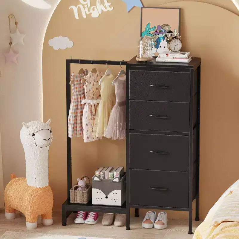 Commode avec tringle à vêtements, petite armoire à 4 tiroirs pour chambre à coucher, commode réversible en tissu pour enfants avec tringle à vêtements, tour de rangement haute, 112 cm de hauteur.
