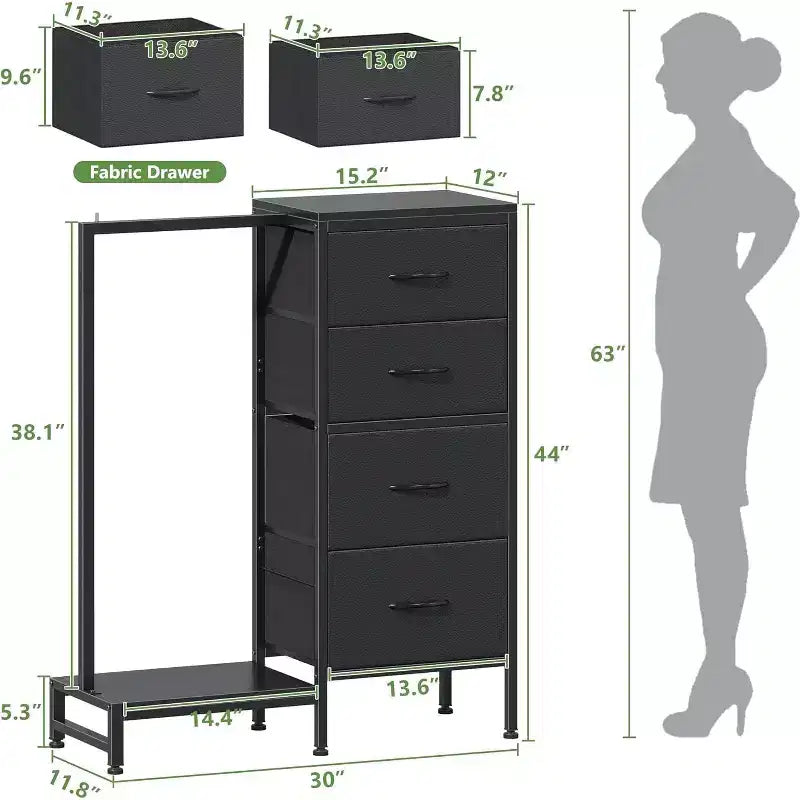 Commode avec tringle à vêtements, petite armoire à 4 tiroirs pour chambre à coucher, commode réversible en tissu pour enfants avec tringle à vêtements, tour de rangement haute, 112 cm de hauteur.
