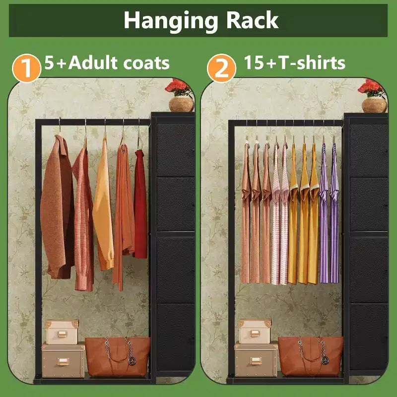 Commode avec tringle à vêtements, petite armoire à 4 tiroirs pour chambre à coucher, commode réversible en tissu pour enfants avec tringle à vêtements, tour de rangement haute, 112 cm de hauteur.