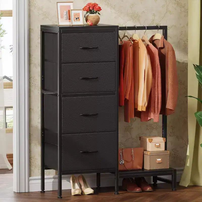 Commode avec tringle à vêtements, petite armoire à 4 tiroirs pour chambre à coucher, commode réversible en tissu pour enfants avec tringle à vêtements, tour de rangement haute, 112 cm de hauteur.