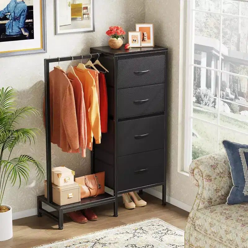 Commode avec tringle à vêtements, petite armoire à 4 tiroirs pour chambre à coucher, commode réversible en tissu pour enfants avec tringle à vêtements, tour de rangement haute, 112 cm de hauteur.