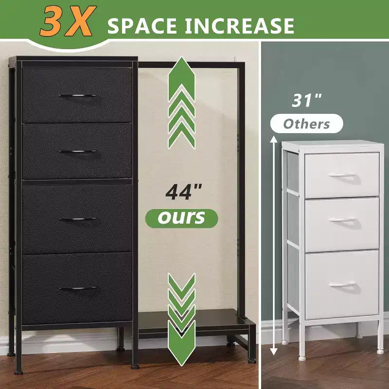 Commode avec tringle à vêtements, petite armoire à 4 tiroirs pour chambre à coucher, commode réversible en tissu pour enfants avec tringle à vêtements, tour de rangement haute, 112 cm de hauteur.