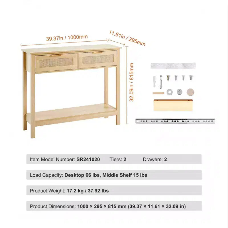 Console en rotin avec 2 tiroirs et porte coulissante en rotin, table de canapé d'entrée pour salon