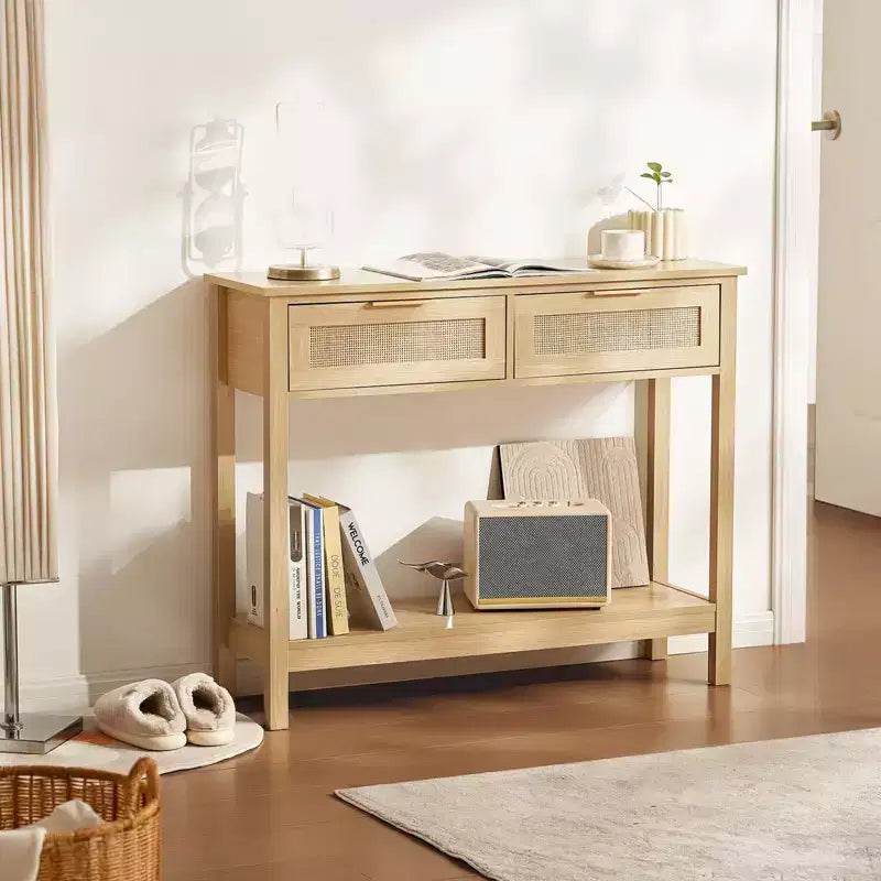 Console en rotin avec 2 tiroirs et porte coulissante en rotin, table de canapé d'entrée pour salon