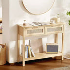 Console en rotin avec 2 tiroirs et porte coulissante en rotin, table de canapé d'entrée pour salon