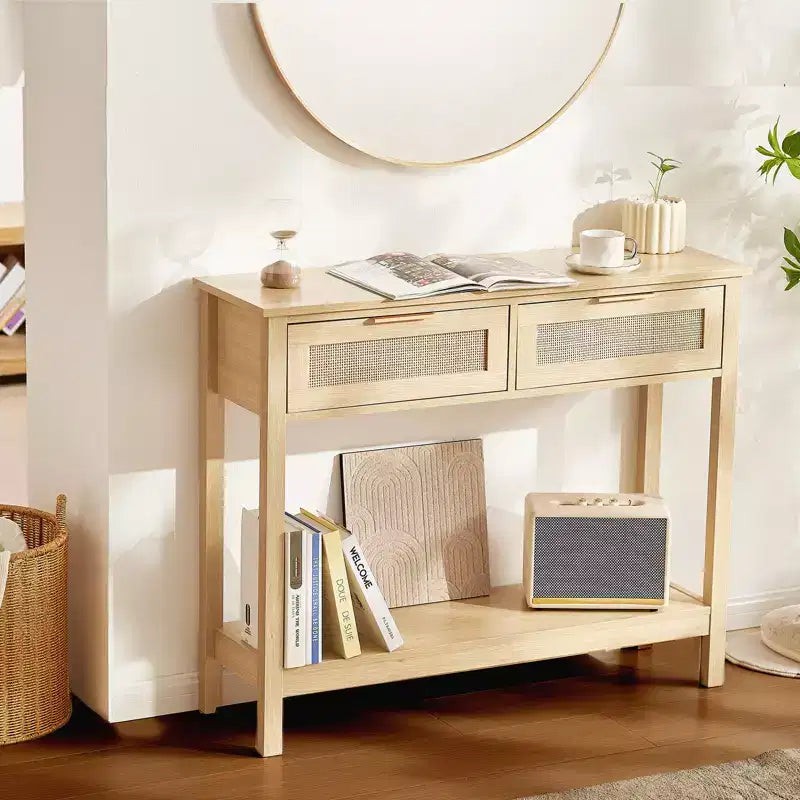 Console en rotin avec 2 tiroirs et porte coulissante en rotin, table de canapé d'entrée pour salon