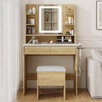 Coiffeuse de maquillage avec miroir et lumières, table de toilette de 80 cm avec prise de courant et tabouret de rangement