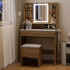 Coiffeuse de maquillage avec miroir et lumières, table de toilette de 80 cm avec prise de courant et tabouret de rangement