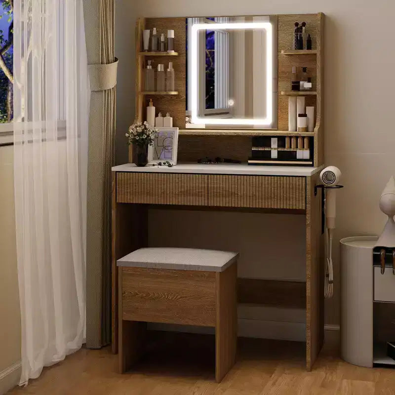 Coiffeuse de maquillage avec miroir et lumières, table de toilette de 80 cm avec prise de courant et tabouret de rangement