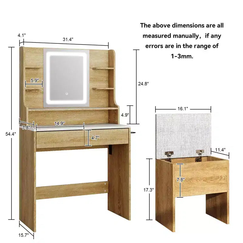 Coiffeuse de maquillage avec miroir et lumières, table de toilette de 80 cm avec prise de courant et tabouret de rangement