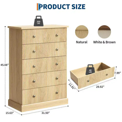 Commode haute à 5 tiroirs cannelés, commode verticale en bois avec poignées métalliques, armoire de rangement peu encombrante pour chambre à coucher, appartement, chambre d'amis.