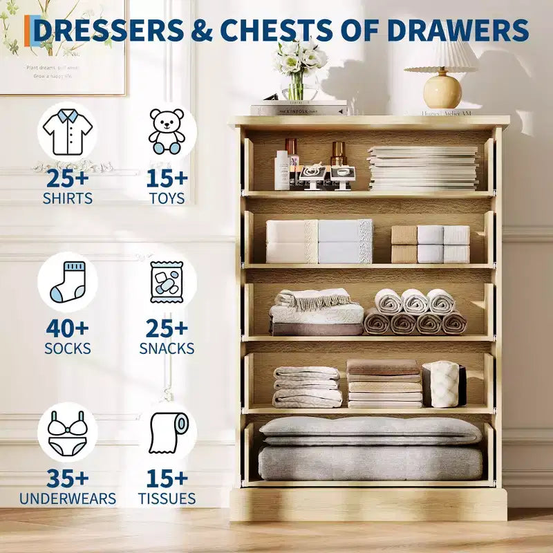 Commode haute à 5 tiroirs cannelés, commode verticale en bois avec poignées métalliques, armoire de rangement peu encombrante pour chambre à coucher, appartement, chambre d'amis.