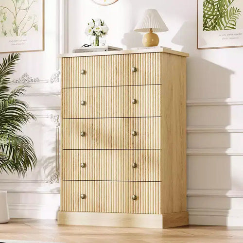 5-Drawer Tall Fluted Dresser,Vertical Wood Chest of Drawers with Metal Handles,Space-Saving Storage Cabinet for Bedroom, Apartment,Guest Room