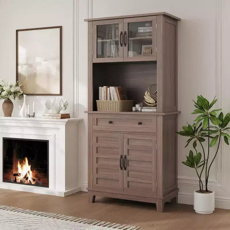 Meuble de Rangement Haut de Cuisine 183 cm, Vaisselier de Cuisine avec Support Micro-ondes, Buffet avec Tiroirs et Portes Vitrées pour Salle à Manger, Salon