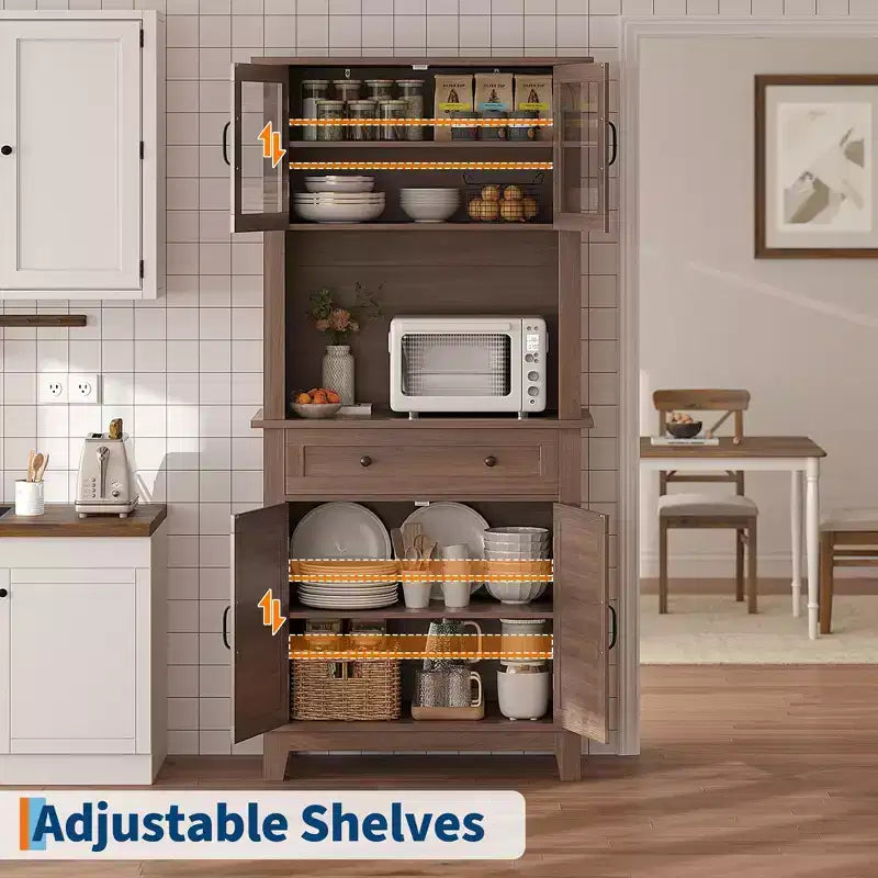 Meuble de Rangement Haut de Cuisine 183 cm, Vaisselier de Cuisine avec Support Micro-ondes, Buffet avec Tiroirs et Portes Vitrées pour Salle à Manger, Salon